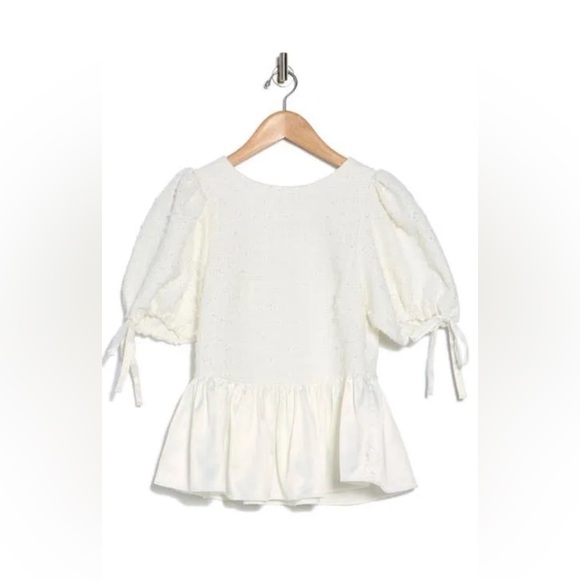 Grey Collective Mixed Media Tweed & Satin Peplum Top in Bright White - Picture 7 of 7